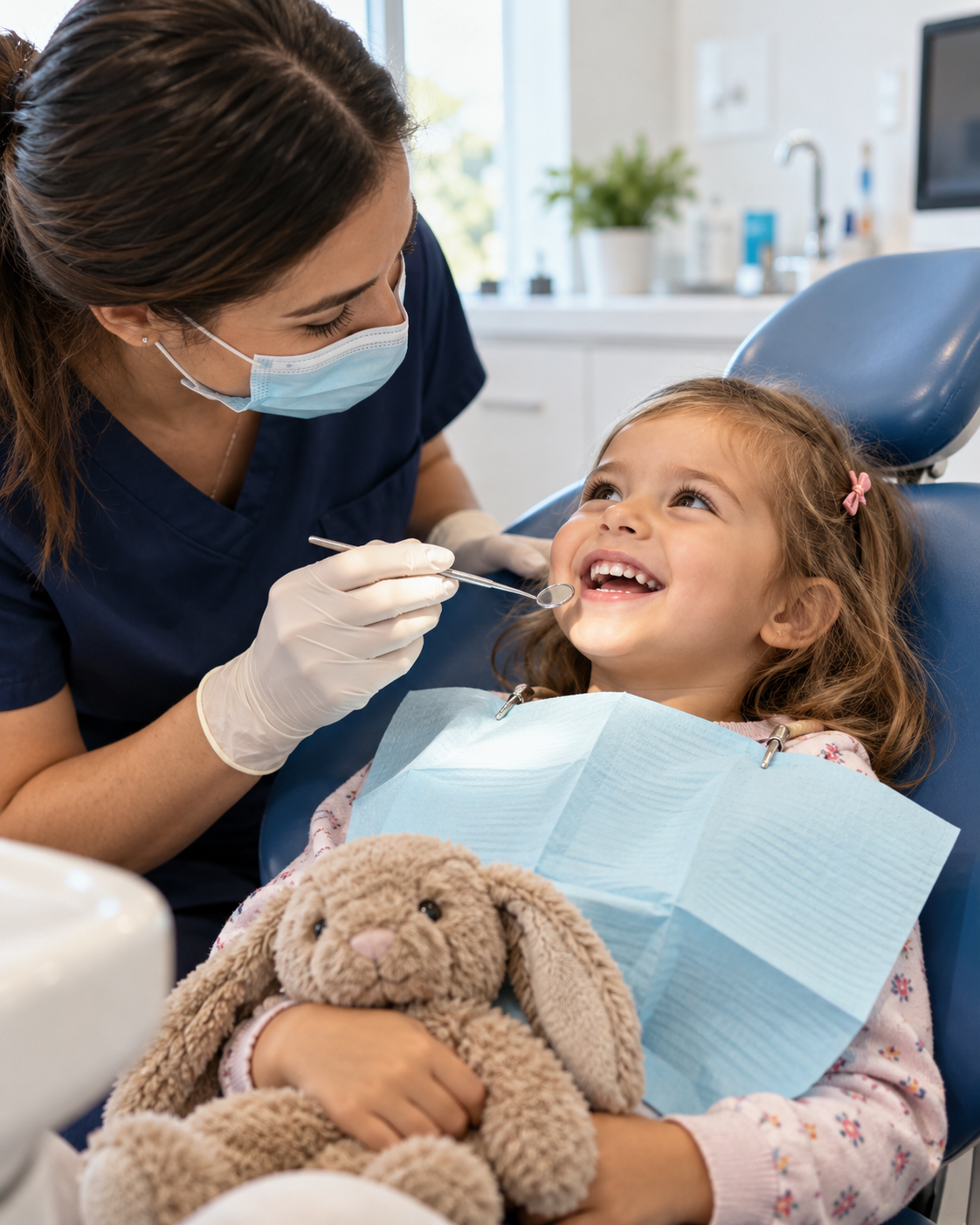 Child smiling at dentist during first dental visit